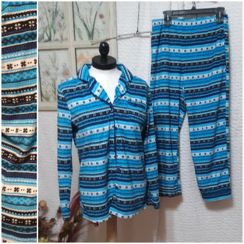Womens Pajamas Winter top Pants set Celestial Dreams Sz Med Blue Stripes Print